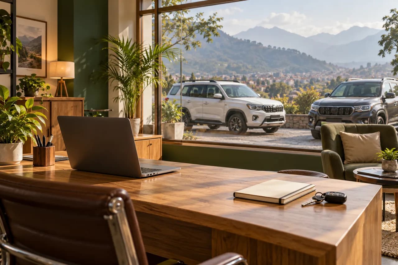 Illustrative rental office with a laptop and car keys overlooking a vehicle yard