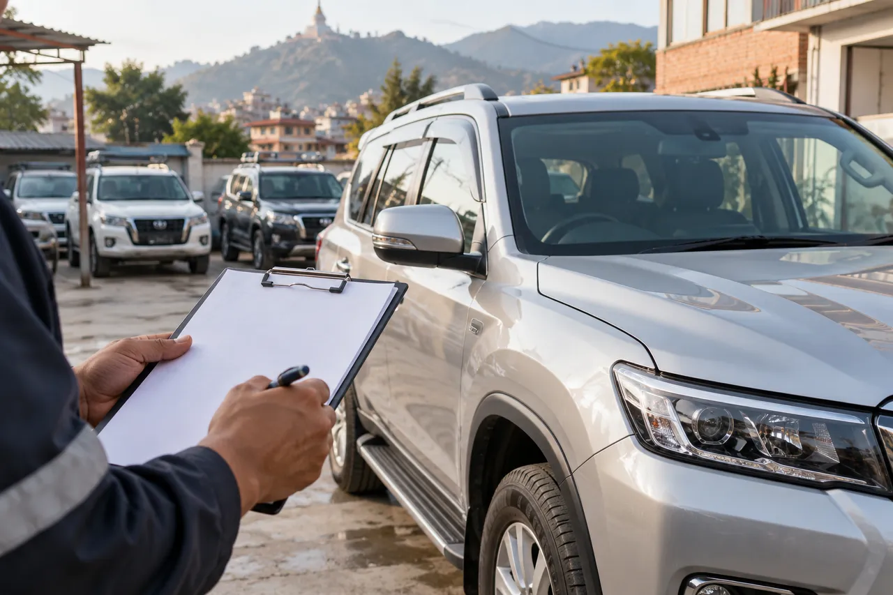 Illustrative worker recording a vehicle handover beside an SUV